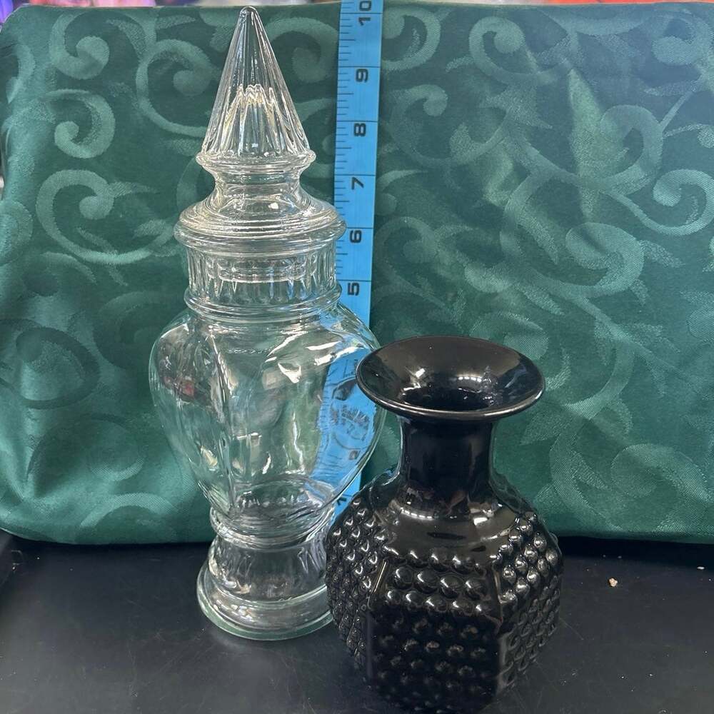 High End Halloween Lot Vintage Wheaton Apothecary Jar wLid & Hobnail Vase